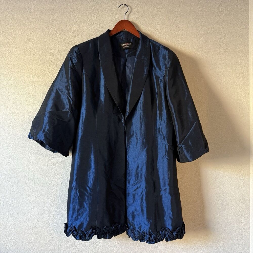 Terramina Collection NY Blazer Womens 14 Navy Shimmer Ruffle Open Front Glam